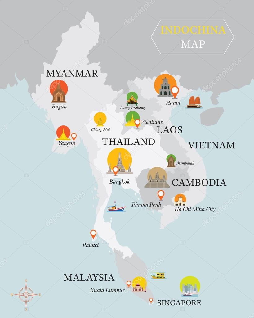 Indochina Map with National Capital Landmarks Icons