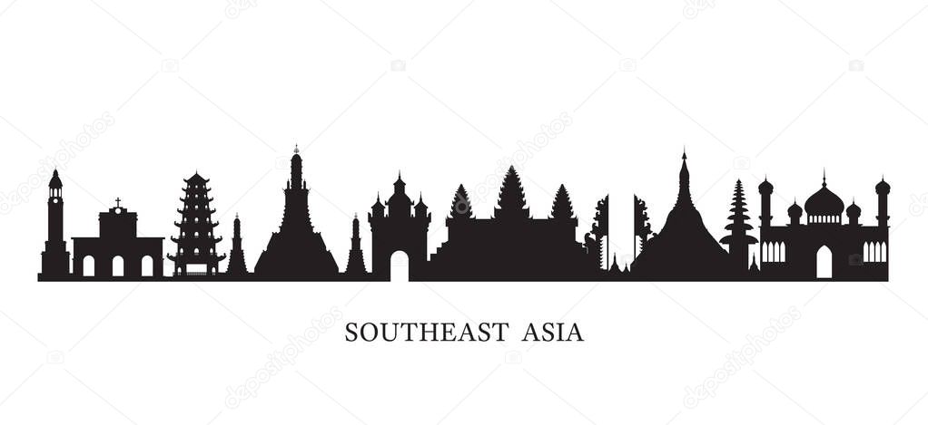 Southeast Asia Landmarks Skyline in Black and White Silhouette