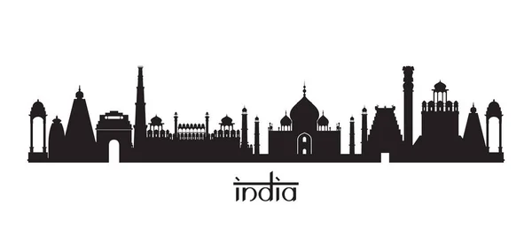 India Lugares emblemáticos Skyline en silueta blanca y negra — Vector de stock