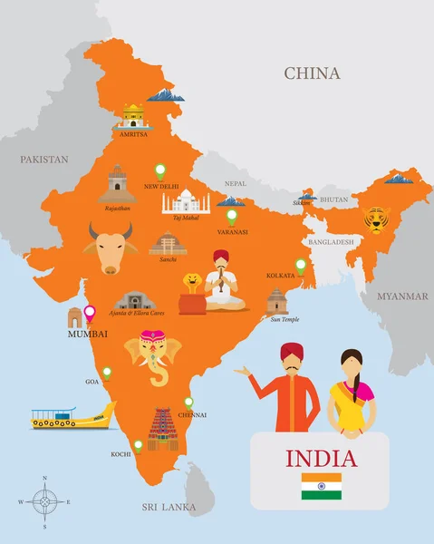 India Mapa e iconos con la gente vestida con ropa tradicional — Vector de stock