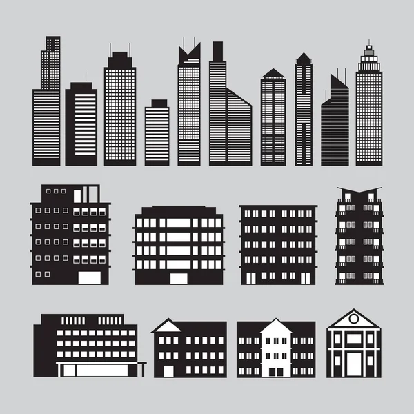 建物や高層ビルのオブジェクトのシルエットのセット — ストックベクタ