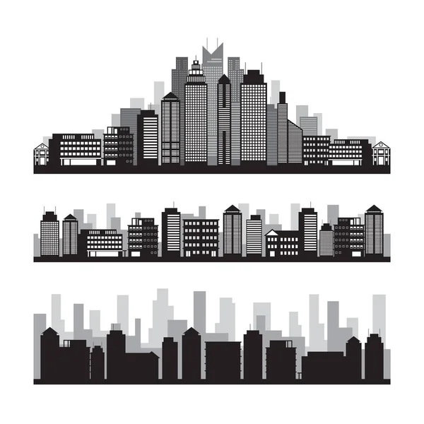 Conjunto de silhuetas de edifícios e arranha-céus — Vetor de Stock