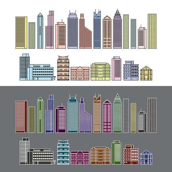 Edifícios e arranha-céus Linha de objeto Conjunto de cores —  Vetores de Stock