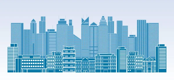 Edifícios e arranha-céus linha fundo azul — Vetor de Stock