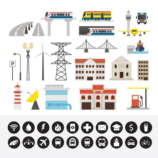 Conjunto de objetos e iconos de infraestructura y transporte — Vector de stock