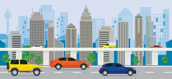 Staden byggnad med bilar på vägen och motortrafikled — Stock vektor
