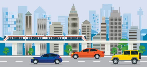 Edificio de la ciudad con coches en la carretera y Skytrain — Vector de stock