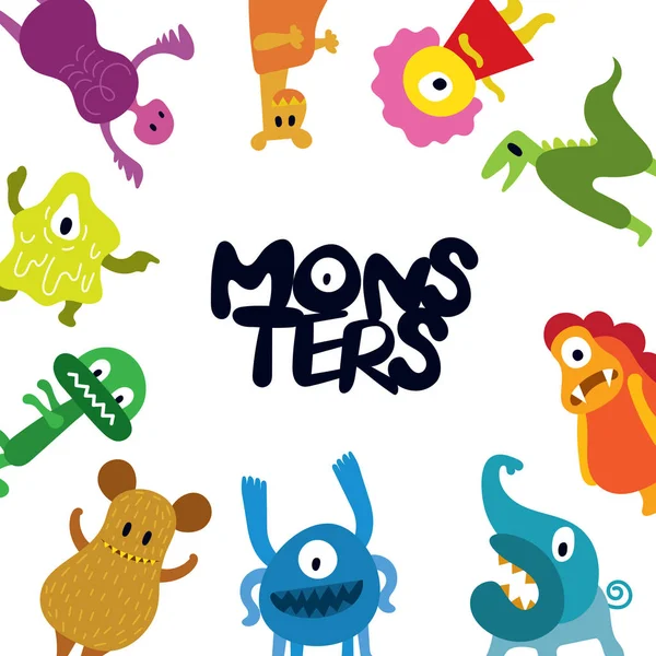 Schattige Monsters Cartoon tekens Frame — Stockvector