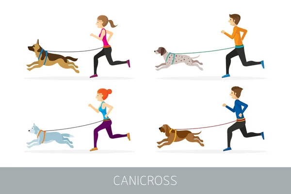 Canicross, People Running with Dogs — Stock Vector