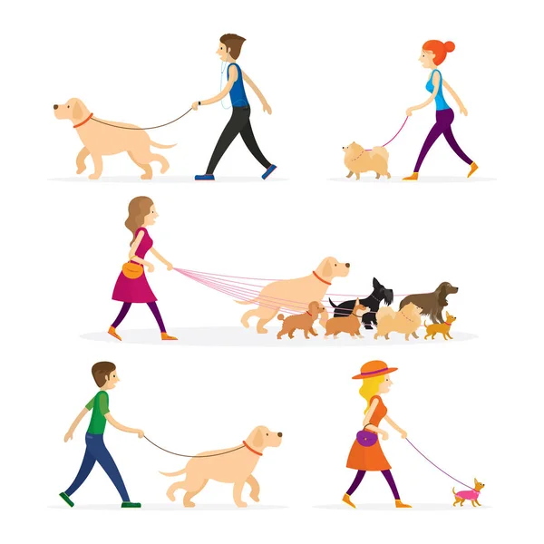 People Walking with Dogs Set — Stock Vector