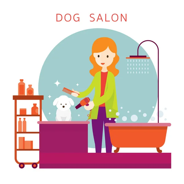 Woman with Dog, Grooming Shop — Stock Vector