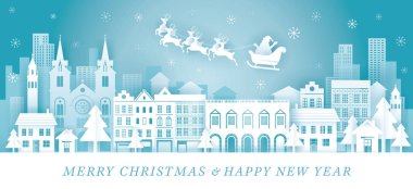 Noel Baba Kızağa Biniyor Şehir Arkaplanı Üzerinde