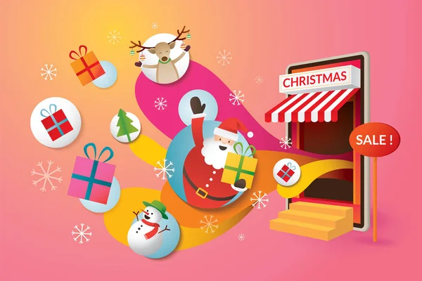 Santa Claus, Friends and Gifts Popping Out from Smartphone — Stock Vector