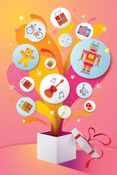 Gifts Icons popping out from Opened Gifts Box — стоковый вектор