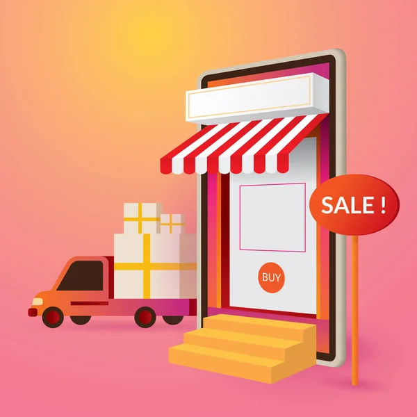 Smartphone Online Store Sale with Delivery Truck — Stock Vector