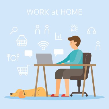 Erkekler Ev, İş Çevrimiçi, Çevrimiçi Alışveriş, Teslimat Konseptinde Bilgisayar ve İnternet Kullanıyorlar