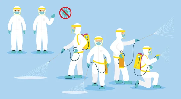 Personas Con Traje Ropa Protección Pulverización Para Limpiar Desinfectar Virus — Vector de stock