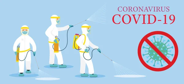 Osób Kombinezonie Ochronnym Lub Odzieży Spray Czyszczenia Dezynfekcji Wirusa Covid — Wektor stockowy
