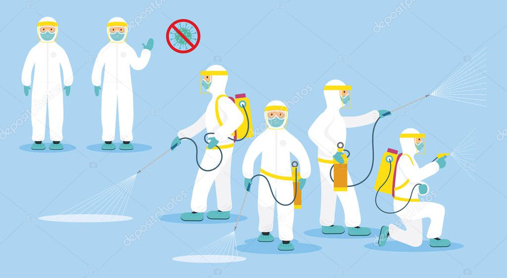 People in Protective Suit or Clothing, Spray to Cleaning and Disinfect Virus, Covid-19, Coronavirus Disease, Preventive Measures
