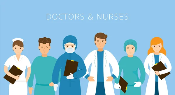 Gruppen Läkare Och Sjuksköterskor Bär Uniform Skyddsdräkter Sjukhus Hälso Och — Stock vektor