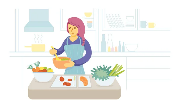 Evde Kalın Mutfakta Kadın Aşçılığı Karantina Rahatlayın Hobi Boş Zaman — Stok Vektör