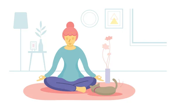 Quedarse Casa Mujer Practicando Yoga Meditación Cuarentena Relájate Hobby Ocio — Vector de stock