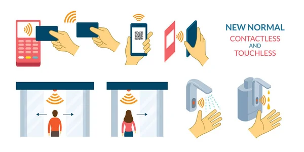 新しい通常 非接触決済とタッチレス技術 ワイヤレス クレジットカード スマートカード スマートフォン 自動ドア 蛇口とアルコールディスペンサー — ストックベクタ