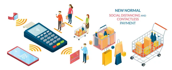 New Normal People Social Distancing Contact Less Payment Shopping Mall — Stockový vektor