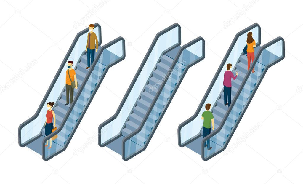 People on Escalator, Isometric View, Social Distancing, Concept, Up and Down