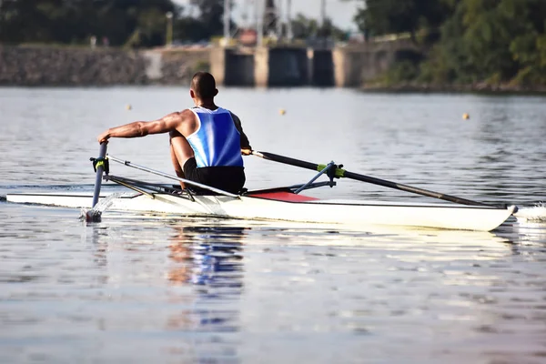 Scull rowing team training. — Stock Photo, Image