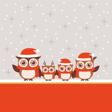 Mutlu aile ve Owls sıcak şapka ve atkı. Kırmızı Noel tebrik kartı vektör.