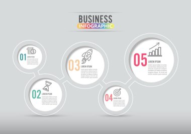 Bilgi grafikleri tasarım vektörü ve pazarlama simgeleri iş akışı düzeni, diyagram, yıllık rapor ve web tasarımı için kullanılabilir. 5 seçeneği, adımı veya süreci olan iş konsepti.