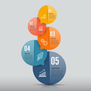Bilgi grafikleri tasarım vektörü ve pazarlama simgeleri iş akışı düzeni, diyagram, yıllık rapor ve web tasarımı için kullanılabilir. 5 seçeneği, adımı veya süreci olan iş konsepti.