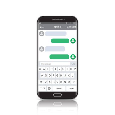 Modern smartphone ile messenger app pencere. Sohbet ve mesajlaşma. Sms mesajları gönderme. Sosyal ağ kavramı. Kutuları sohbet. Gerçekçi vektör cep telefonu, cep telefonu beyaz arka plan üzerinde izole.