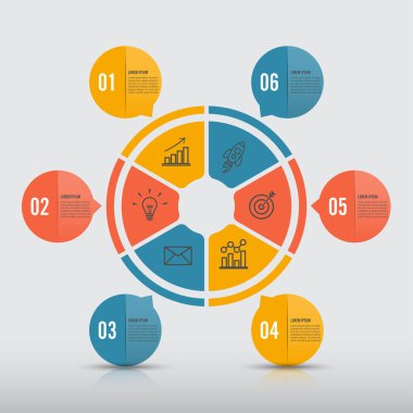 Vektör Infographic tasarım şablonu. 6 seçenekleri, parçalar, adımları veya işlemler ile iş kavramı. Kullanılabilir iş akışı düzeni, diyagram, numarası seçenekleri, web tasarım için. Veri görselleştirme.