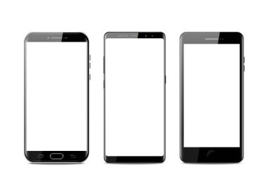 Yeni gerçekçi siyah akıllı telefon modern tarzda. Beyaz arkaplanda vektör akıllı telefonu izole edildi. Vektör modellemeleri kümesi.