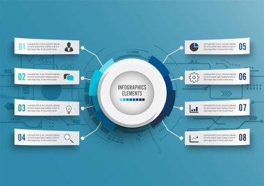 3 boyutlu kağıt etiketli vektör bilgi şablonu, entegre daireler. 8 seçenekli iş konsepti. İçerik, diyagram, akış şeması, adımlar, parçalar, zaman çizelgesi bilgileri, iş akışı, grafik.