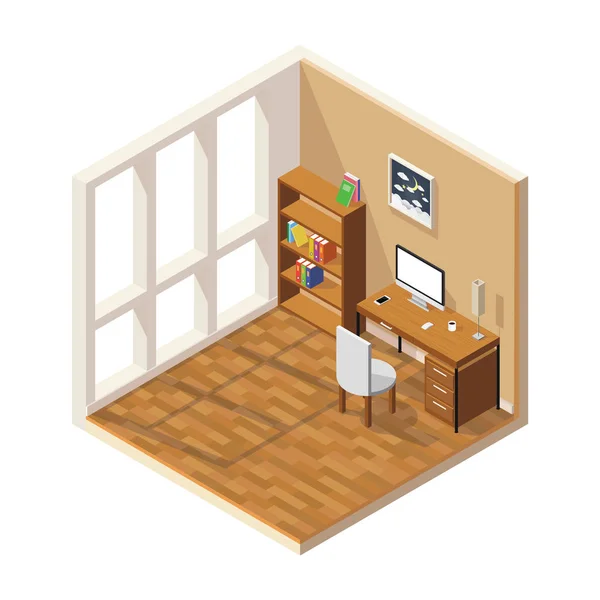 矢量等距低的多房间切线图标 房间包括家具 配有计算机的工作台 — 图库矢量图片