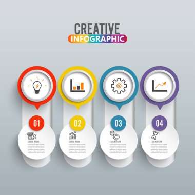 Bilgi grafikleri tasarım vektörü ve pazarlama simgeleri iş akışı düzeni, diyagram, yıllık rapor ve web tasarımı için kullanılabilir. 4 seçeneği, adımı veya süreci olan iş konsepti.