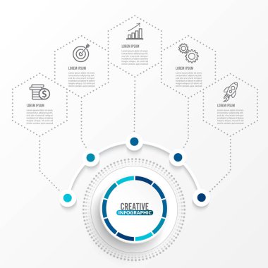 3 boyutlu kağıt etiketli vektör bilgi şablonu, entegre daireler. Seçenekli iş kavramı. İçerik, diyagram, akış şeması, adımlar, parçalar, zaman çizelgesi bilgi grafikleri, iş akışı düzeni, grafik