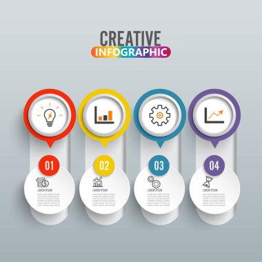  Bilgi grafikleri tasarım vektörü ve pazarlama simgeleri iş akışı düzeni, diyagram, yıllık rapor ve web tasarımı için kullanılabilir. 4 seçeneği, adımı veya süreci olan iş konsepti