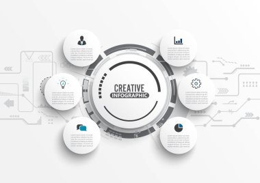 3 boyutlu kağıt etiketli vektör bilgi şablonu, entegre daireler. 6 seçenekli iş konsepti. İçerik, diyagram, akış şeması, adımlar, parçalar, zaman çizelgesi bilgileri, iş akışı, grafik