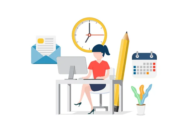 Une Femme Assise Ordinateur Bureau Set Pour Horaire Travail Affaires — Image vectorielle