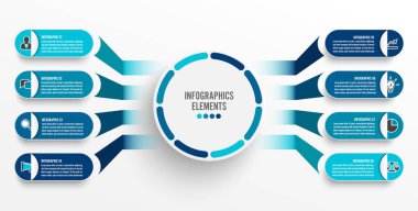 3 boyutlu kağıt etiketli vektör bilgi şablonu, entegre daireler. 8 seçenekli iş konsepti. İçerik, diyagram, akış şeması, adımlar, parçalar, zaman çizelgesi bilgileri, iş akışı, grafik.