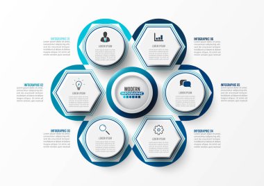 3 boyutlu kağıt etiketli vektör bilgi şablonu, entegre daireler. 6 seçenekli iş konsepti. İçerik, diyagram, akış şeması, adımlar, parçalar, zaman çizelgesi bilgileri, iş akışı, grafik.