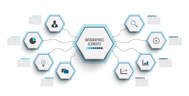 3 boyutlu kağıt etiketli vektör bilgi şablonu, entegre daireler. 8 seçenekli iş konsepti. İçerik, diyagram, akış şeması, adımlar, parçalar, zaman çizelgesi bilgileri, iş akışı, grafik.