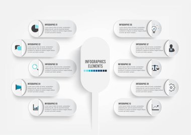 3 boyutlu kağıt etiketli vektör bilgi şablonu, entegre daireler. 10 seçenekli iş konsepti. İçerik, diyagram, akış şeması, adımlar, parçalar, zaman çizelgesi bilgileri, iş akışı, grafik.