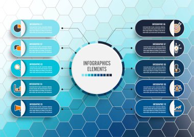 3 boyutlu kağıt etiketli vektör bilgi şablonu, entegre daireler. 10 seçenekli iş konsepti. İçerik, diyagram, akış şeması, adımlar, parçalar, zaman çizelgesi bilgileri, iş akışı, grafik.