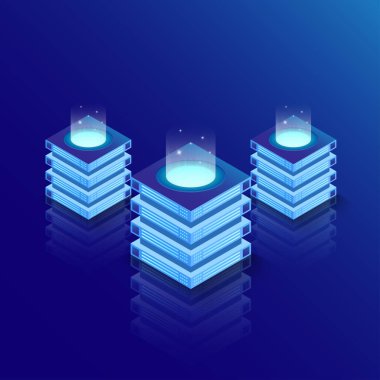 Isometric sunucu odası ve büyük veri işleme konsepti, veri tabanı ve veri tabanı simgesi. Büyük veri merkezinin hesaplanması, bilgi işleme.