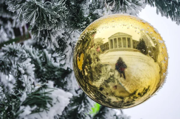 Noel ağacı karla kaplı ve oyuncaklar dekore edilmiş